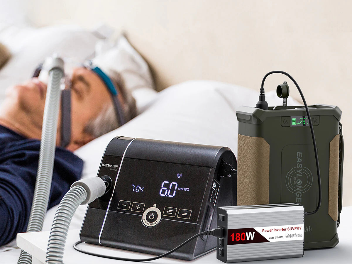 EASYLONGER battery powering a CPAP beside a sleeping user