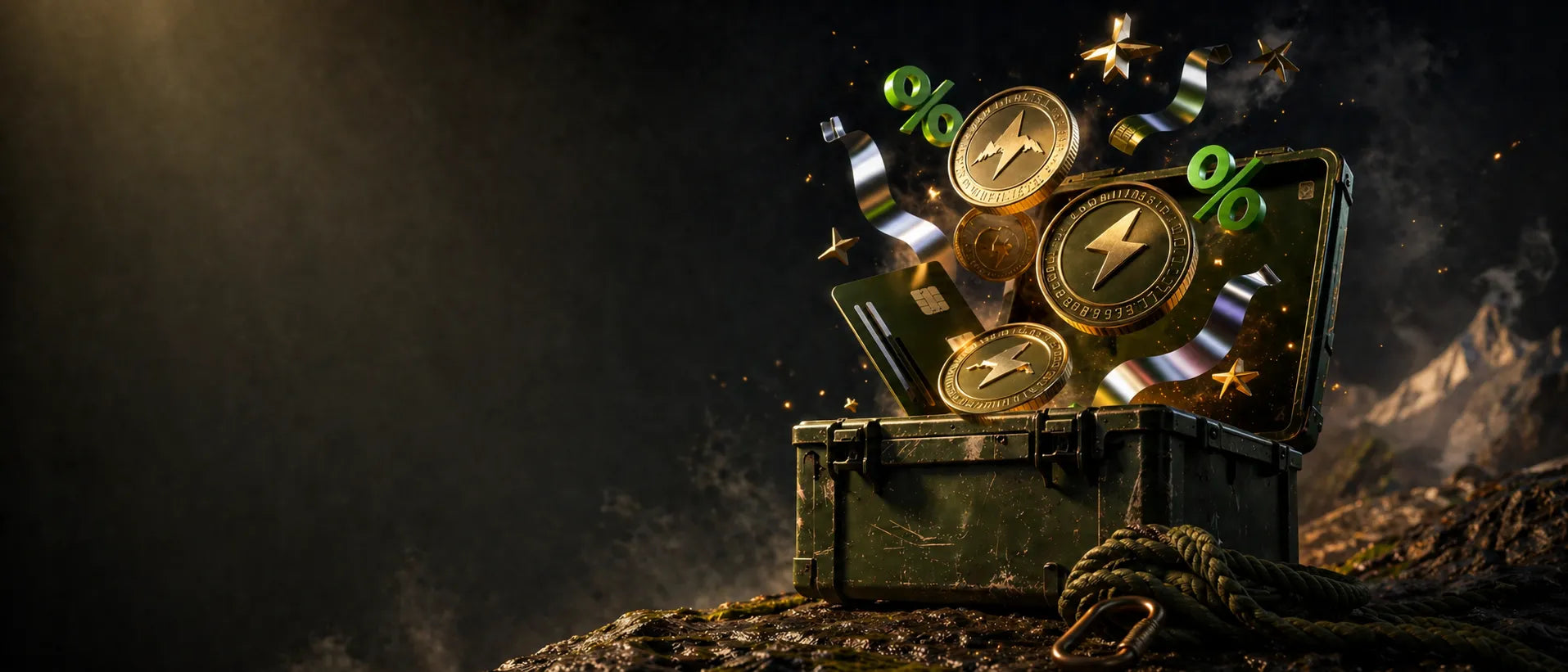 A green military-style box on rocky ground is open, with gold coins, a credit card, percentage signs, and ribbons coming out of it. The background is dark with faint mountain outlines and a coil of rope in the foreground.