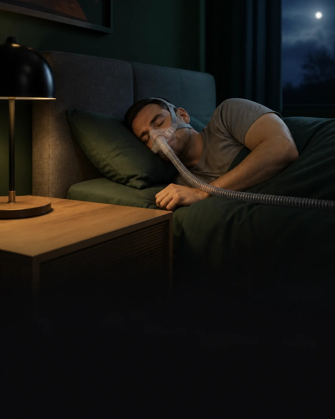 CPAP user sleeping beside a prepared bedside setup