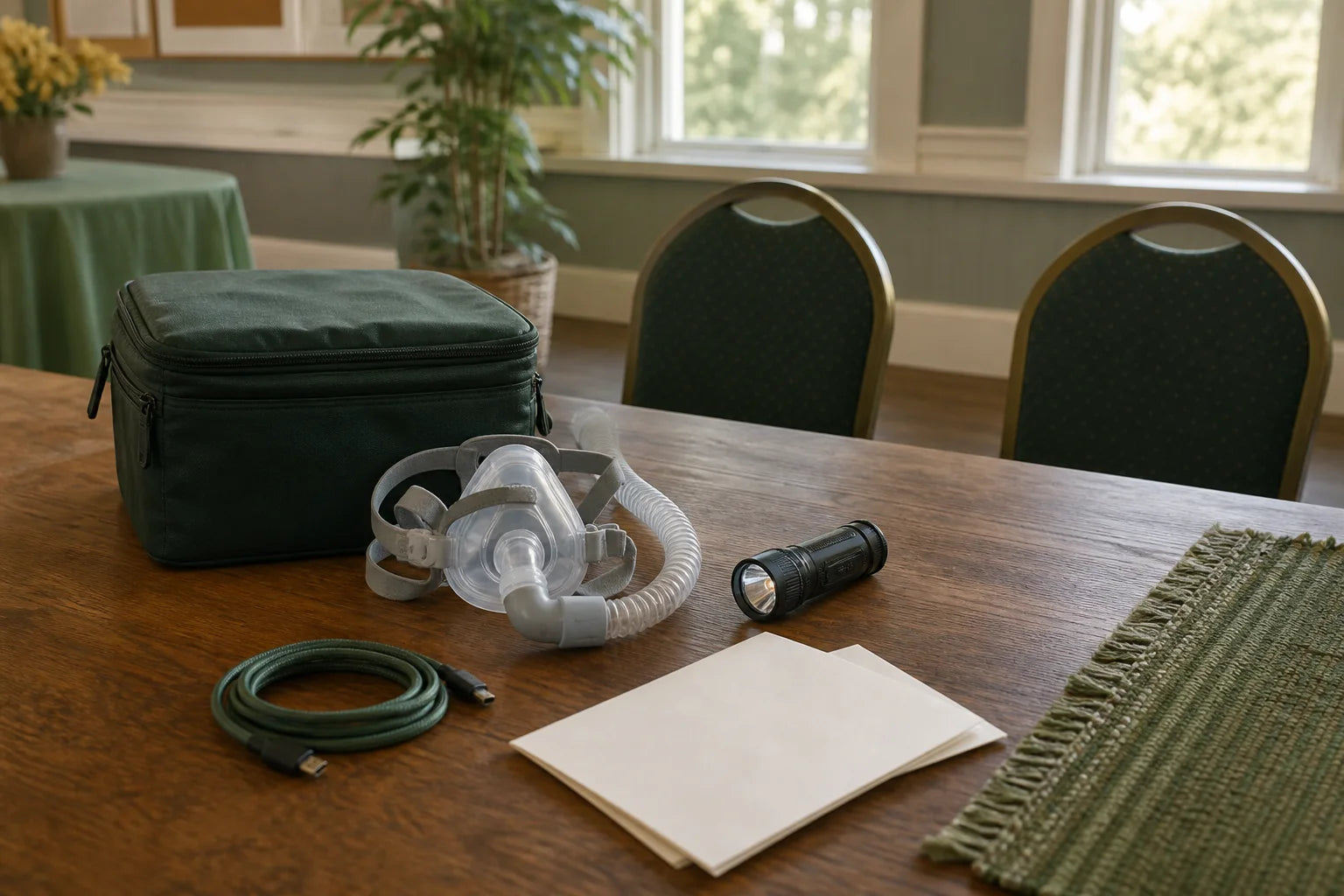 CPAP mask and preparedness supplies arranged for a community event