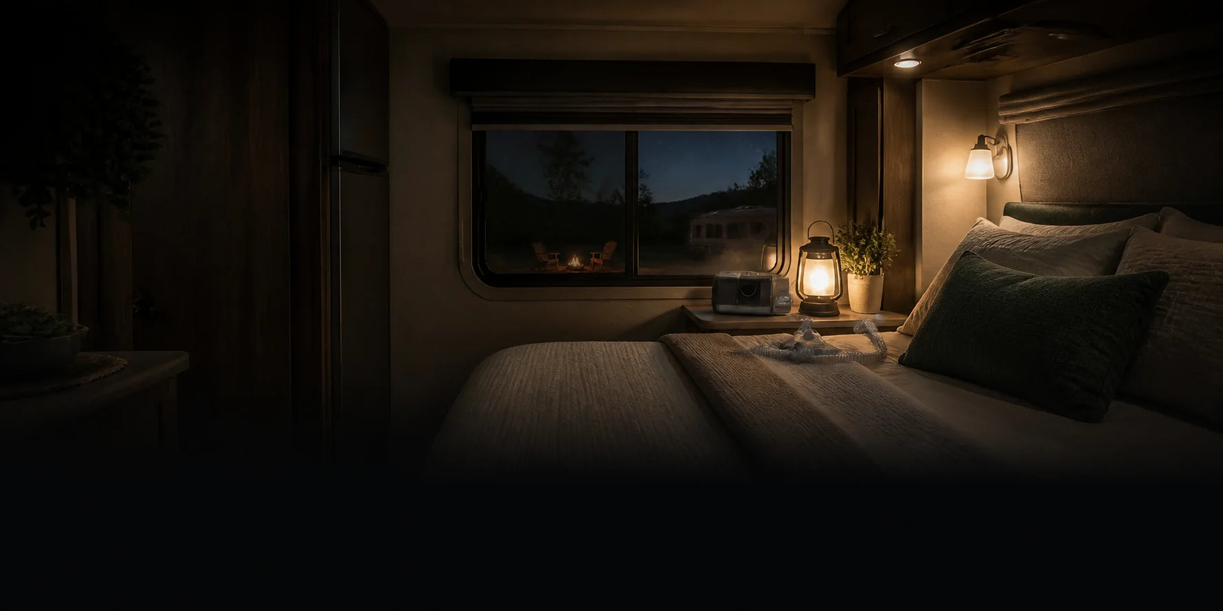 EASYLONGER ES960 battery beside a prepared CPAP bed in an RV