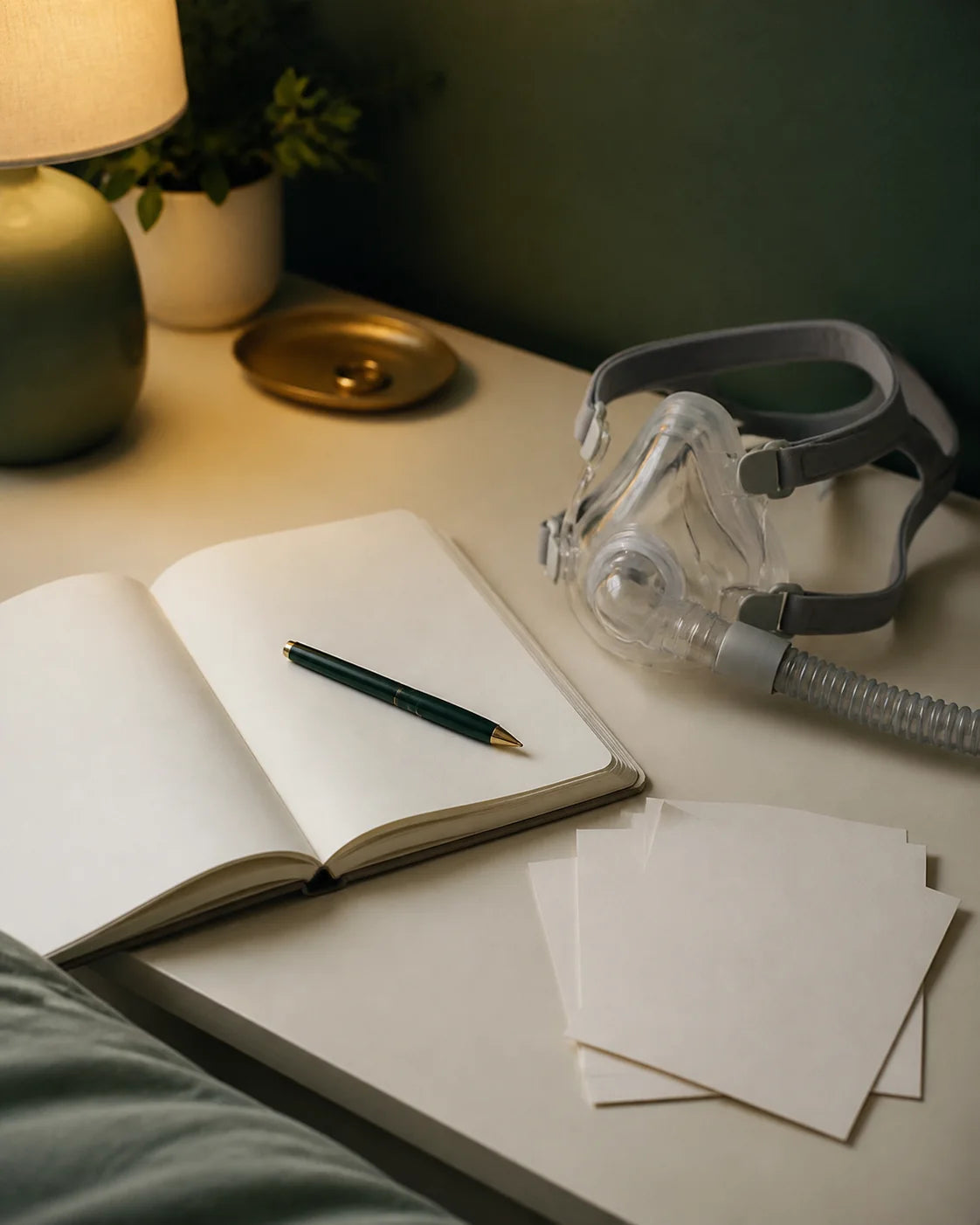 A notebook beside a CPAP mask, ready for honest feedback